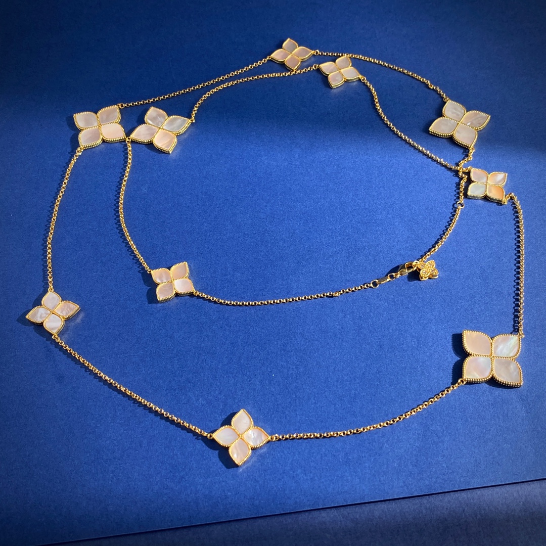 毛衣链RC80 Roberto Coin珂瑛 绸缎金属拉丝背面四瓣花白母贝四叶花双面大小10花长款项链毛