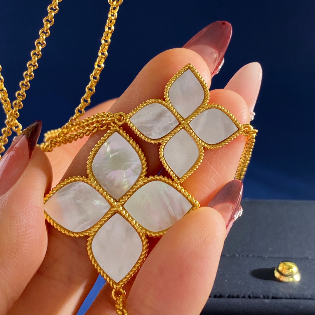 毛衣链RC80 Roberto Coin珂瑛 绸缎金属拉丝背面四瓣花白母贝四叶花双面大小10花长款项链毛