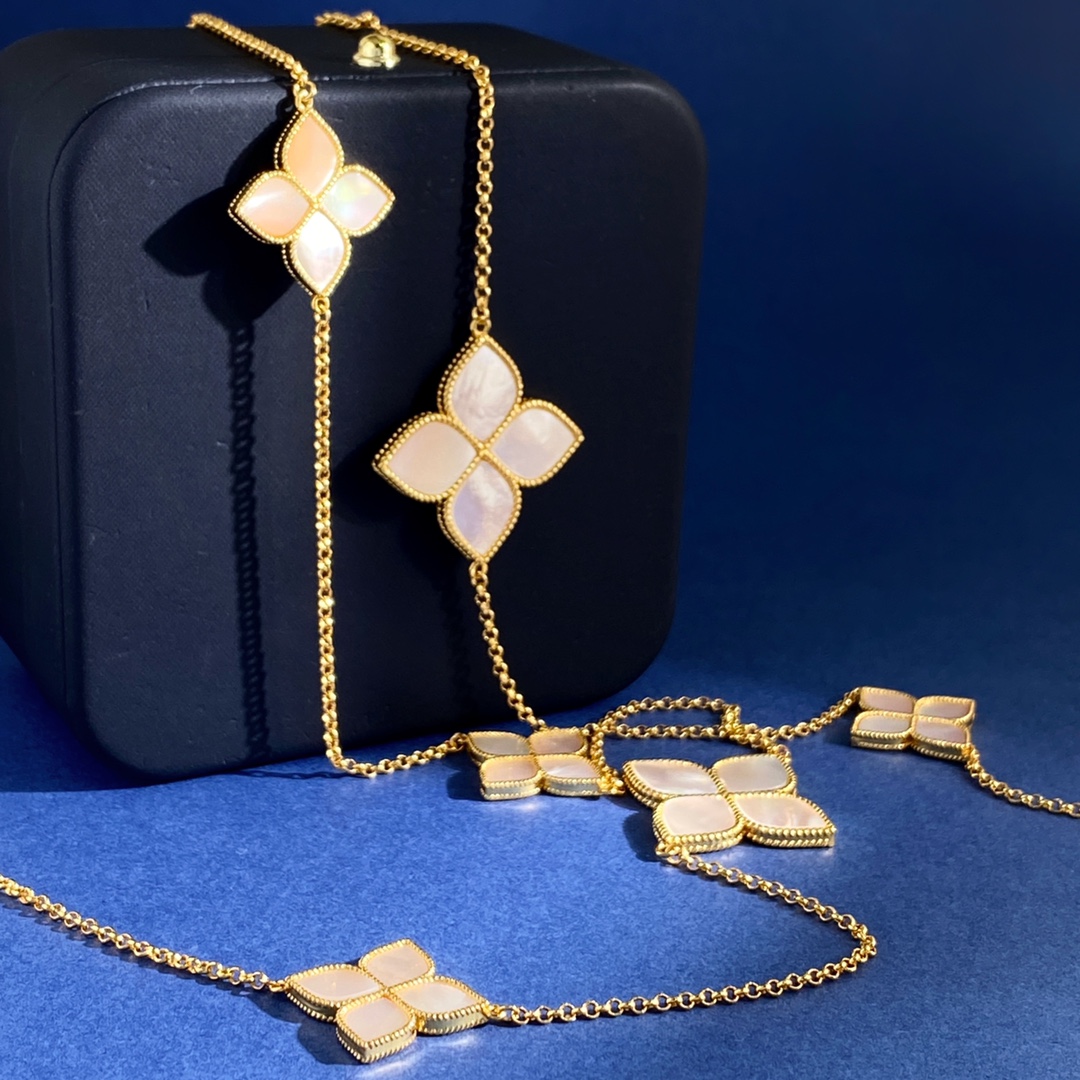 毛衣链RC80 Roberto Coin珂瑛 绸缎金属拉丝背面四瓣花白母贝四叶花双面大小10花长款项链毛