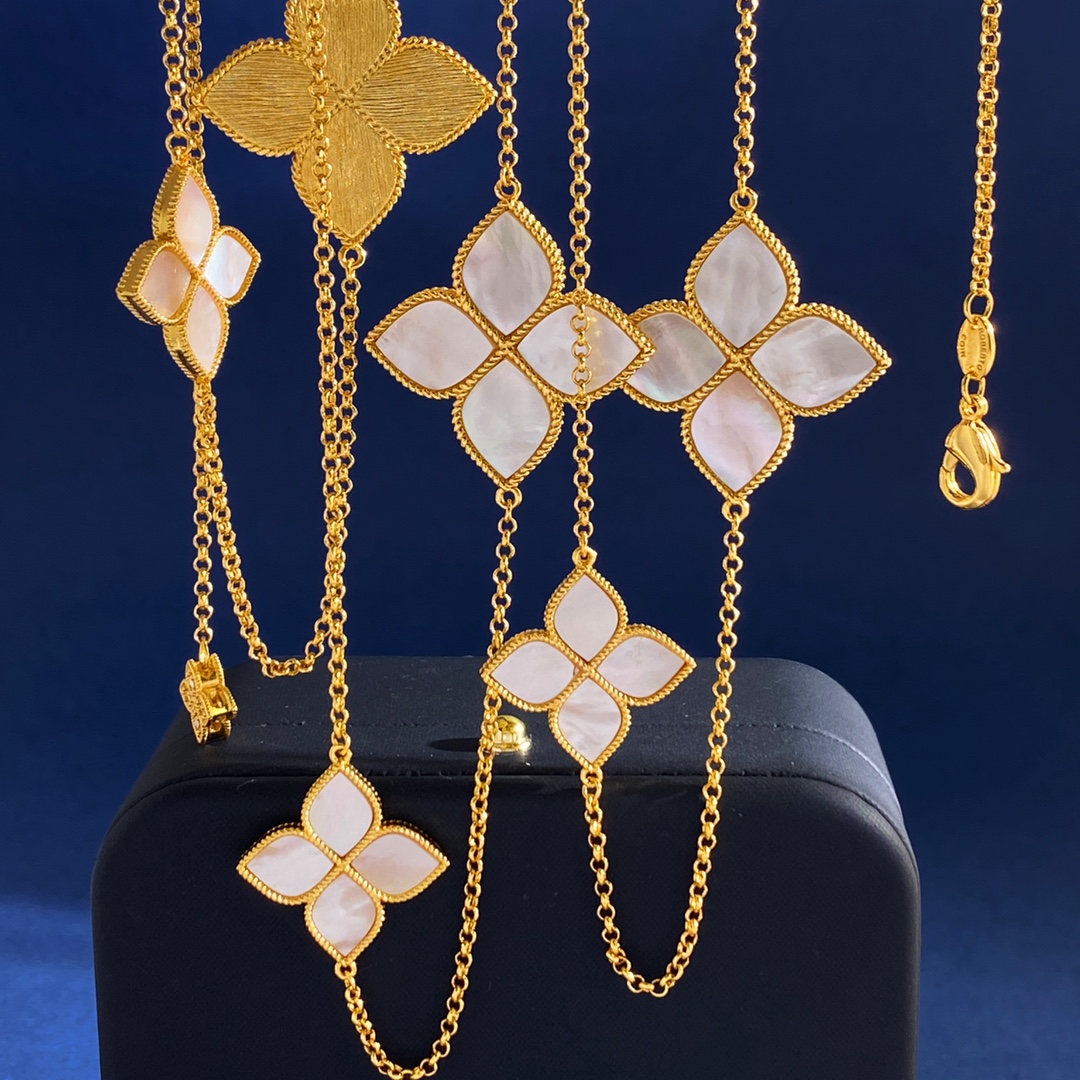 毛衣链RC80 Roberto Coin珂瑛 绸缎金属拉丝背面四瓣花白母贝四叶花双面大小10花长款项链毛