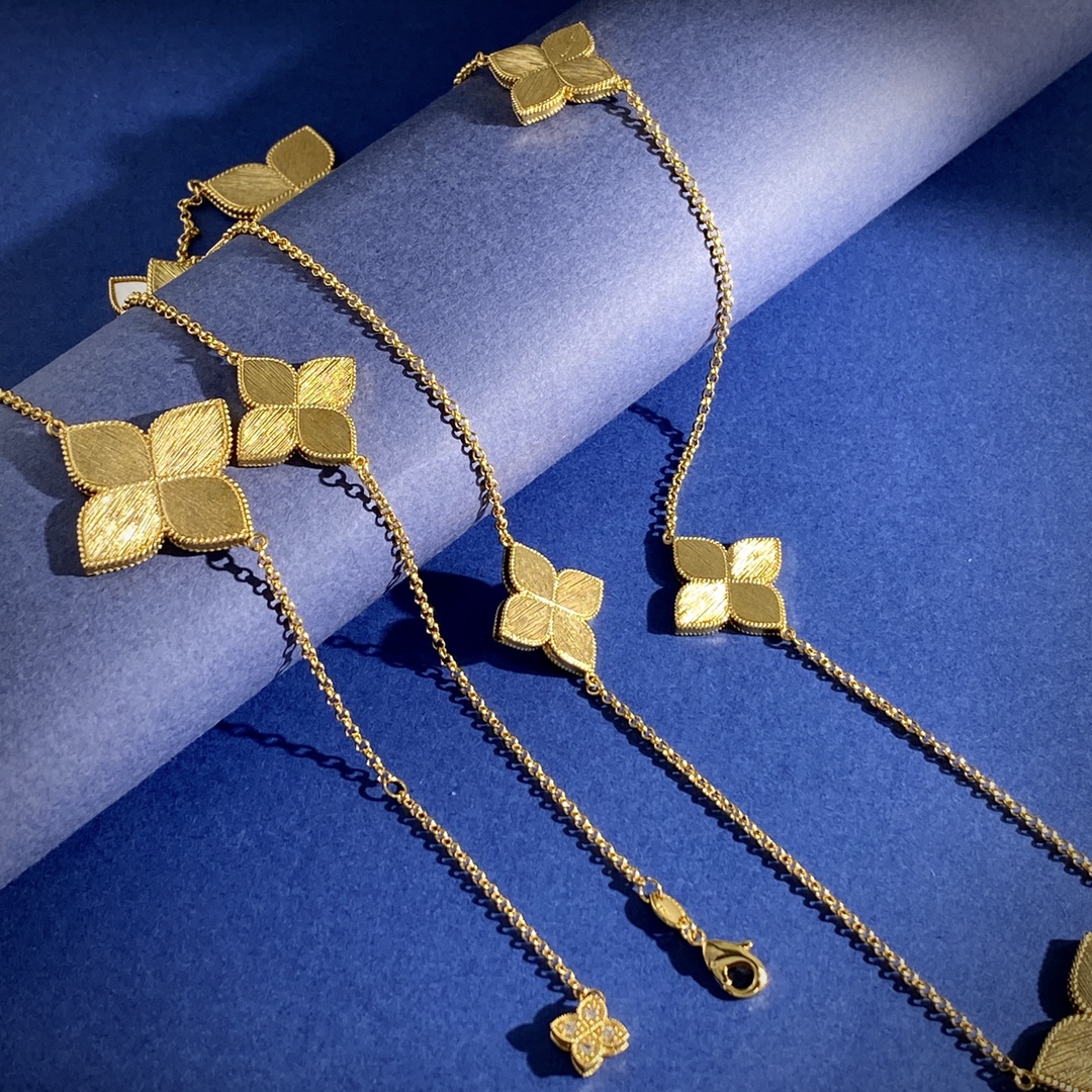 毛衣链RC80 Roberto Coin珂瑛 绸缎金属拉丝背面四瓣花白母贝四叶花双面大小10花长款项链毛