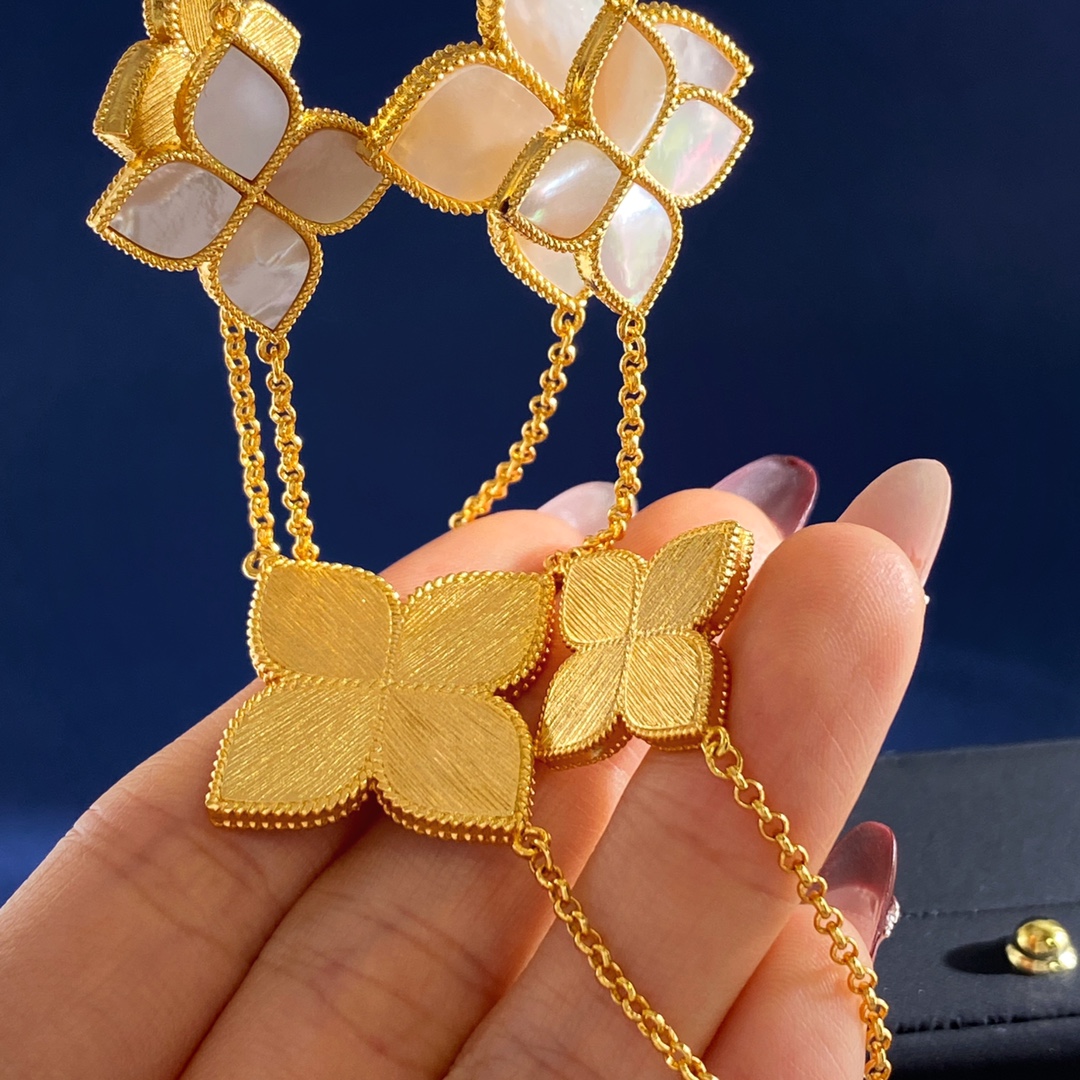 毛衣链RC80 Roberto Coin珂瑛 绸缎金属拉丝背面四瓣花白母贝四叶花双面大小10花长款项链毛