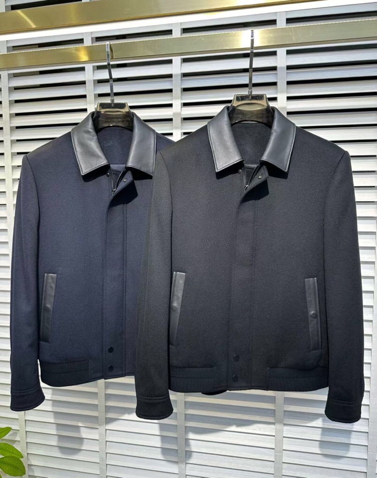 Armani 阿玛尼针织羊绒羊毛拼接真皮翻领夹克外套，高奢内敛低调，轻松驾驭不挑人 裁剪精细完美，经典颜