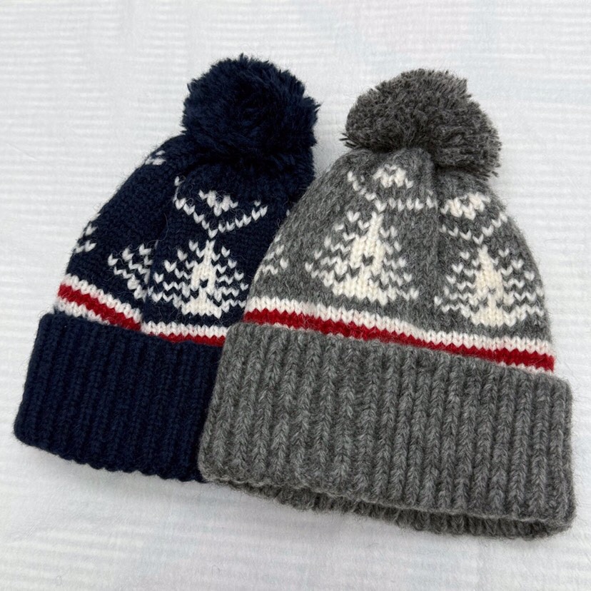 THOM BROWNE 汤姆布朗 TB 费尔岛毛球针织帽 \n码数：均码，颜色：灰色、藏青\n