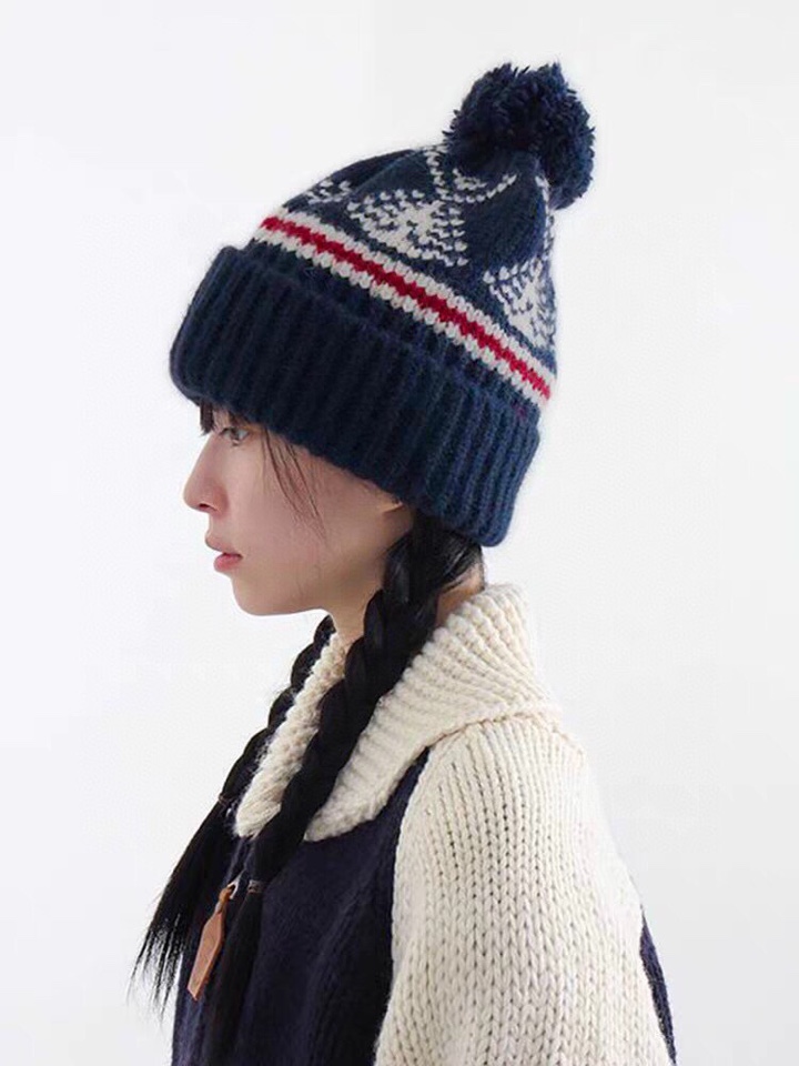 THOM BROWNE 汤姆布朗 TB 费尔岛毛球针织帽 \n码数：均码，颜色：灰色、藏青\n