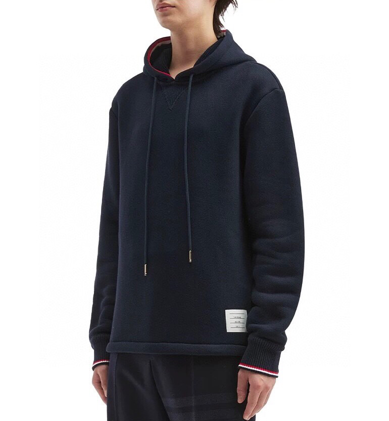 THOM BROWNE 汤姆布朗 TB重工袖织带连帽宽松抽绳卫衣，男女同款情侣款连帽卫衣\n码数：1-4