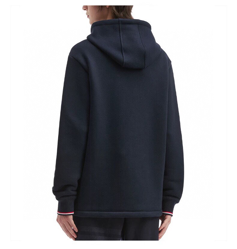 THOM BROWNE 汤姆布朗 TB重工袖织带连帽宽松抽绳卫衣，男女同款情侣款连帽卫衣\n码数：1-4