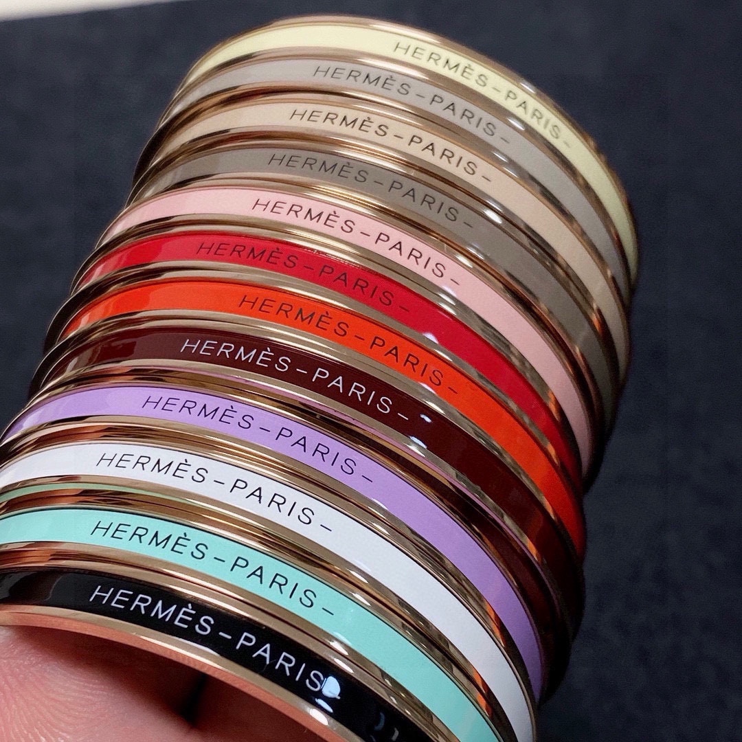 Hermes Uni Bangle bracelet Rose gold plated metal with multicolor enamel inlays black mint green white lavender burgundy orange red light pink taupe beige gray pale yellow MM