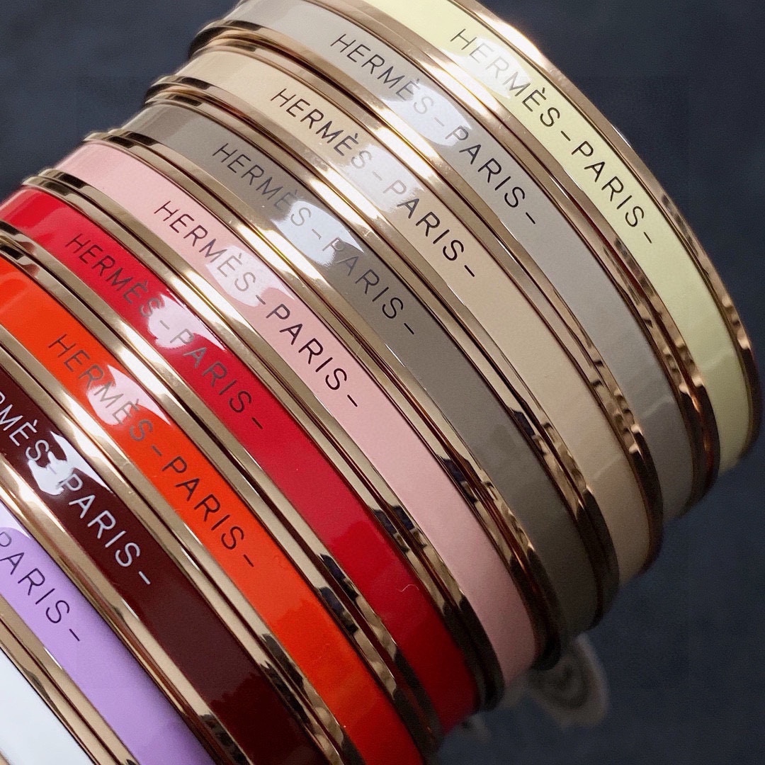 Hermes Uni Bangle bracelet Rose gold plated metal with multicolor enamel inlays black mint green white lavender burgundy orange red light pink taupe beige gray pale yellow MM