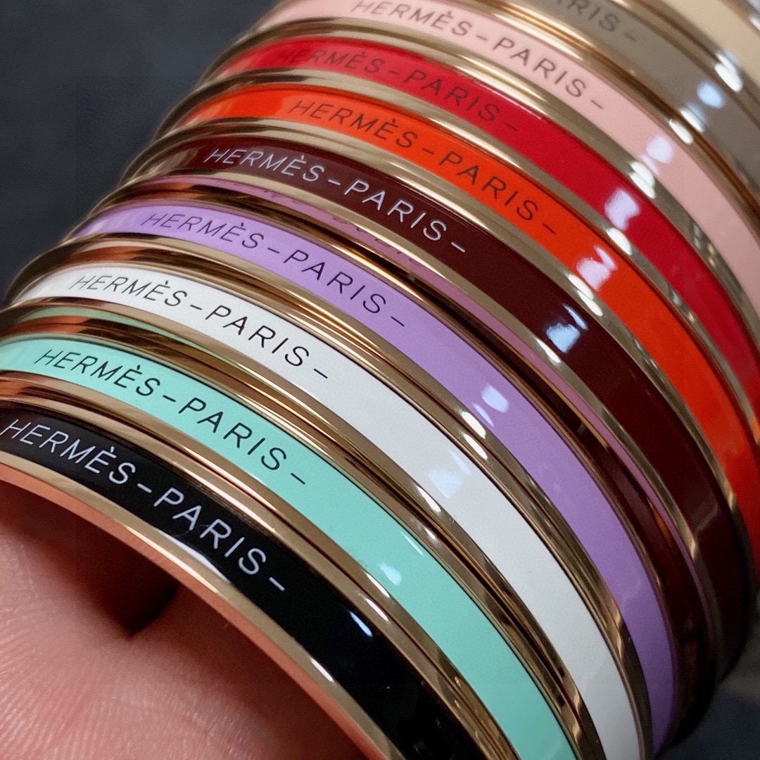 Hermes Uni Bangle bracelet Rose gold plated metal with multicolor enamel inlays black mint green white lavender burgundy orange red light pink taupe beige gray pale yellow MM
