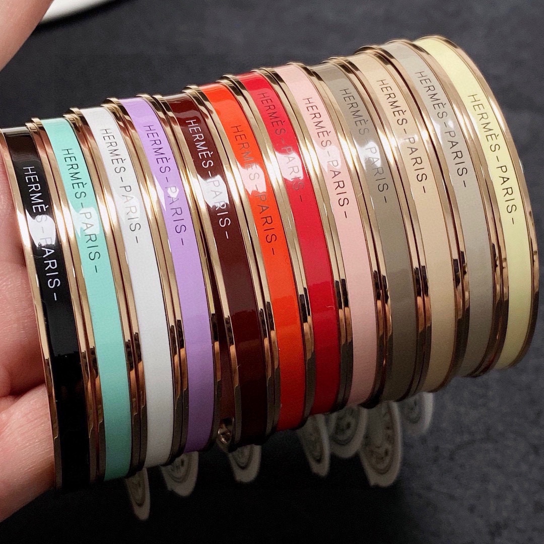 Hermes Uni Bangle bracelet Rose gold plated metal with multicolor enamel inlays black mint green white lavender burgundy orange red light pink taupe beige gray pale yellow MM