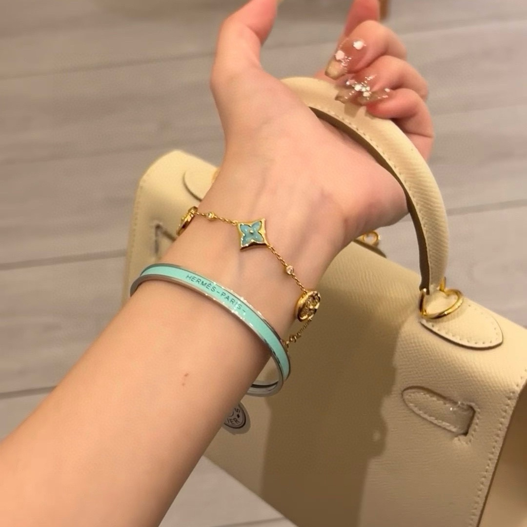 Hermes Uni Bangle MM bracelet palladium plated metal with turquoise enamel