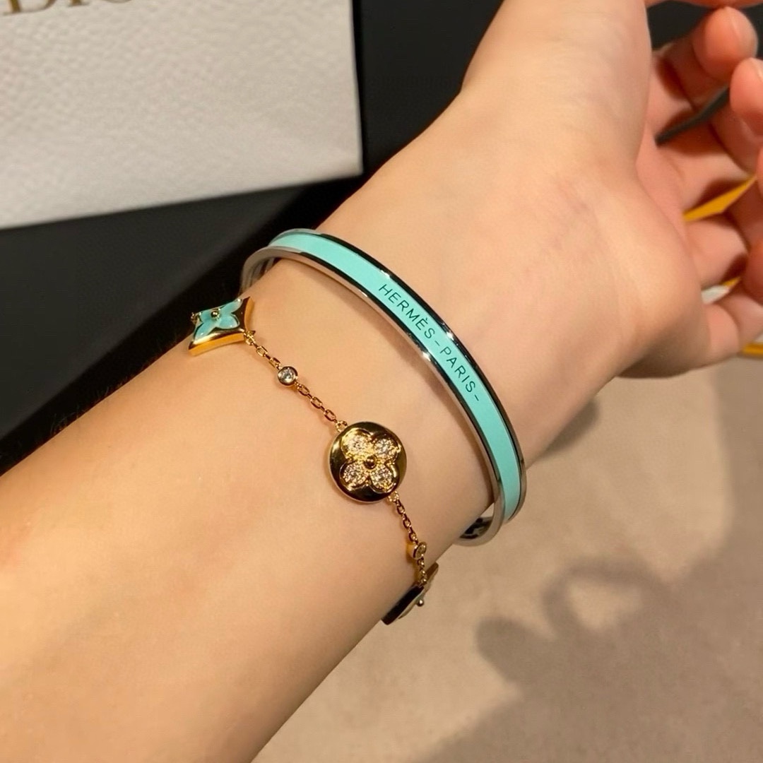 Hermes Uni Bangle MM bracelet palladium plated metal with turquoise enamel