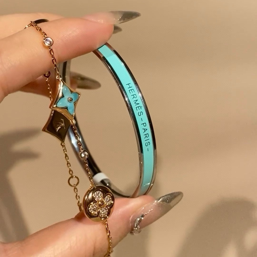 Hermes Uni Bangle MM bracelet palladium plated metal with turquoise enamel