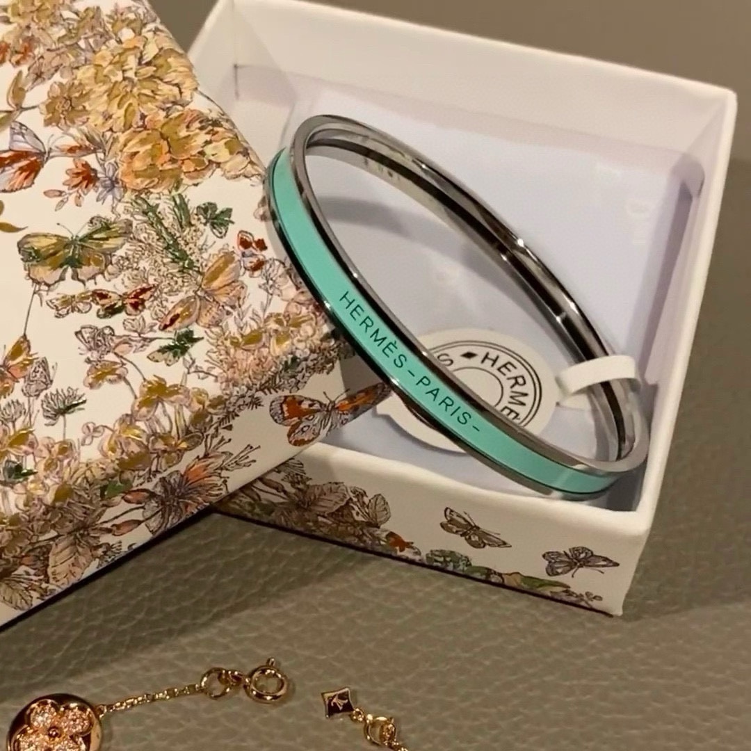 Hermes Uni Bangle MM bracelet palladium plated metal with turquoise enamel