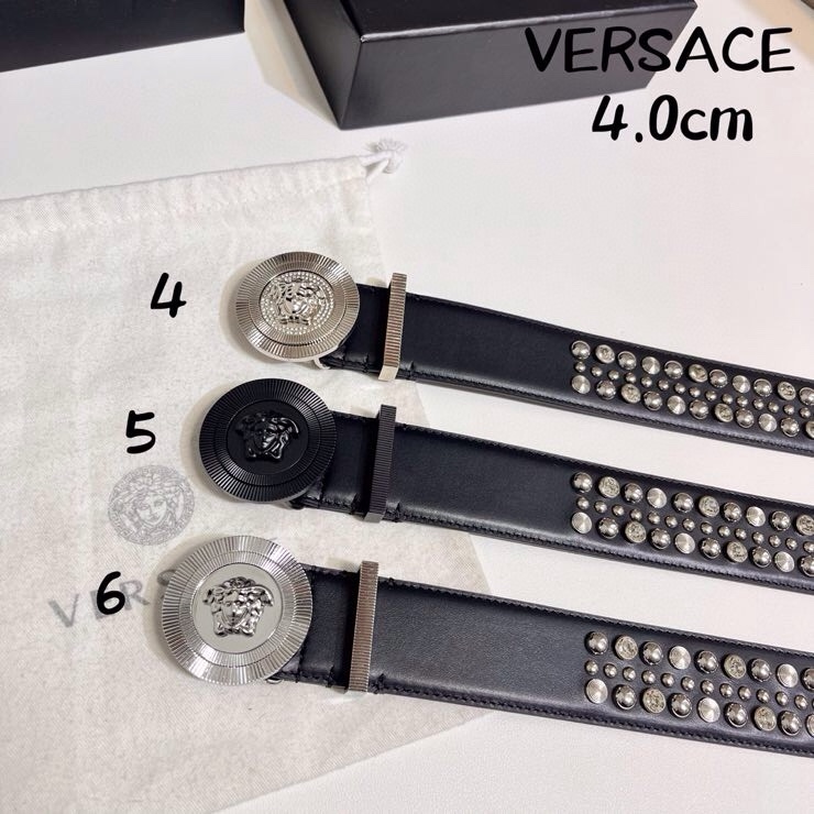 VERSACE 新款 牛皮革腰带，饰有铆钉和水晶装饰，采用Medusa Biggie搭扣和装饰腰带环，4