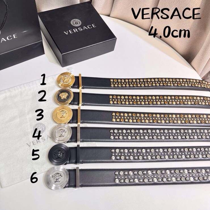 VERSACE 新款 牛皮革腰带，饰有铆钉和水晶装饰，采用Medusa Biggie搭扣和装饰腰带环，4