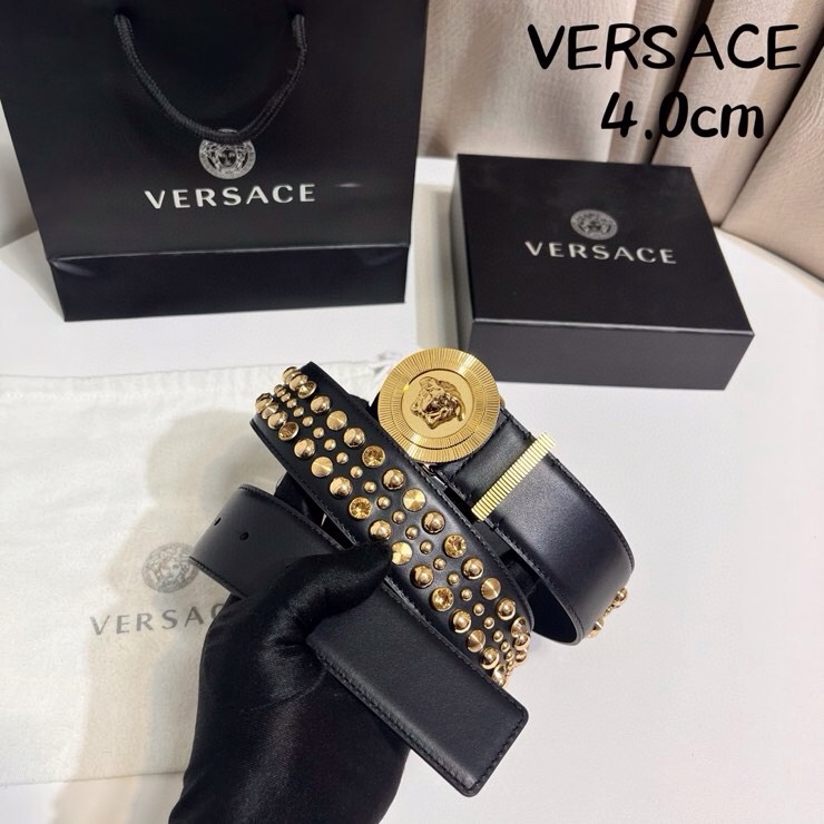 VERSACE 新款 牛皮革腰带，饰有铆钉和水晶装饰，采用Medusa Biggie搭扣和装饰腰带环，4