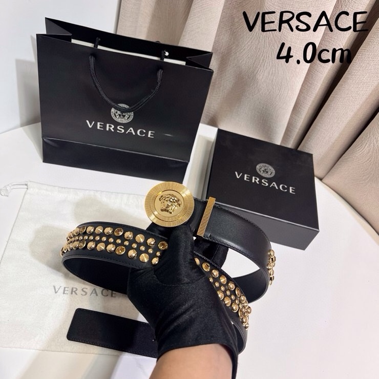 VERSACE 新款 牛皮革腰带，饰有铆钉和水晶装饰，采用Medusa Biggie搭扣和装饰腰带环，4