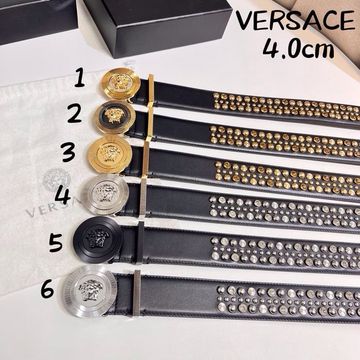 VERSACE 新款 牛皮革腰带，饰有铆钉和水晶装饰，采用Medusa Biggie搭扣和装饰腰带环，4