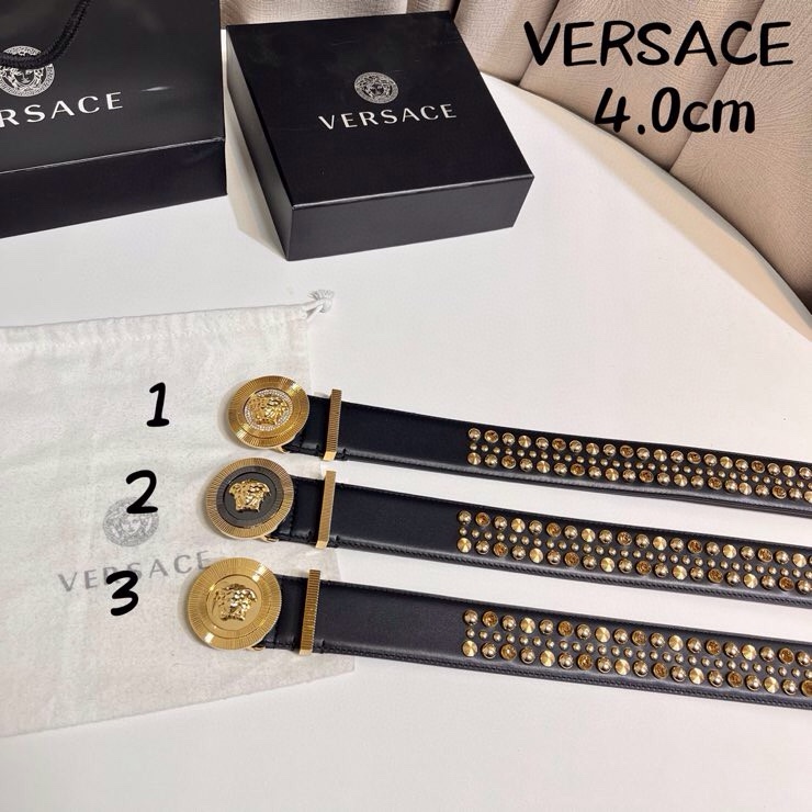 VERSACE 新款 牛皮革腰带，饰有铆钉和水晶装饰，采用Medusa Biggie搭扣和装饰腰带环，4