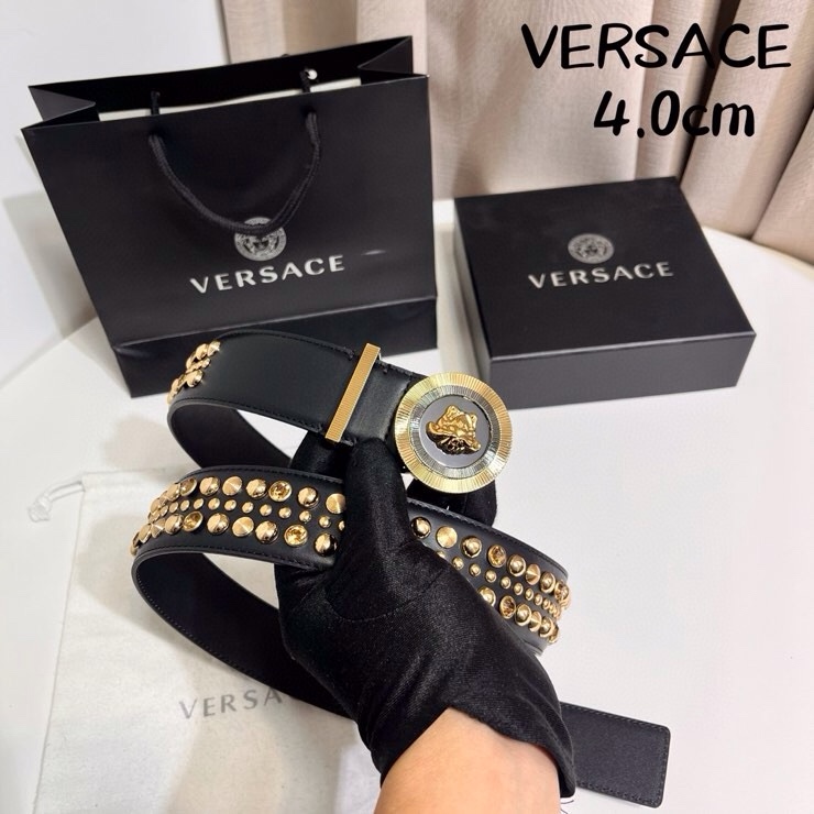 VERSACE 新款 牛皮革腰带，饰有铆钉和水晶装饰，采用Medusa Biggie搭扣和装饰腰带环，4