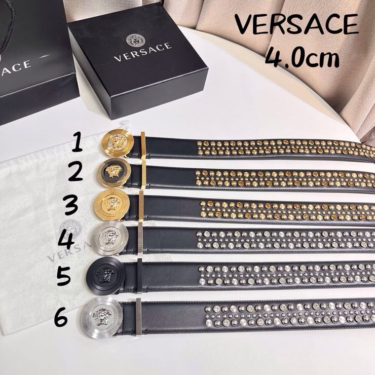 VERSACE 新款 牛皮革腰带，饰有铆钉和水晶装饰，采用Medusa Biggie搭扣和装饰腰带环，4