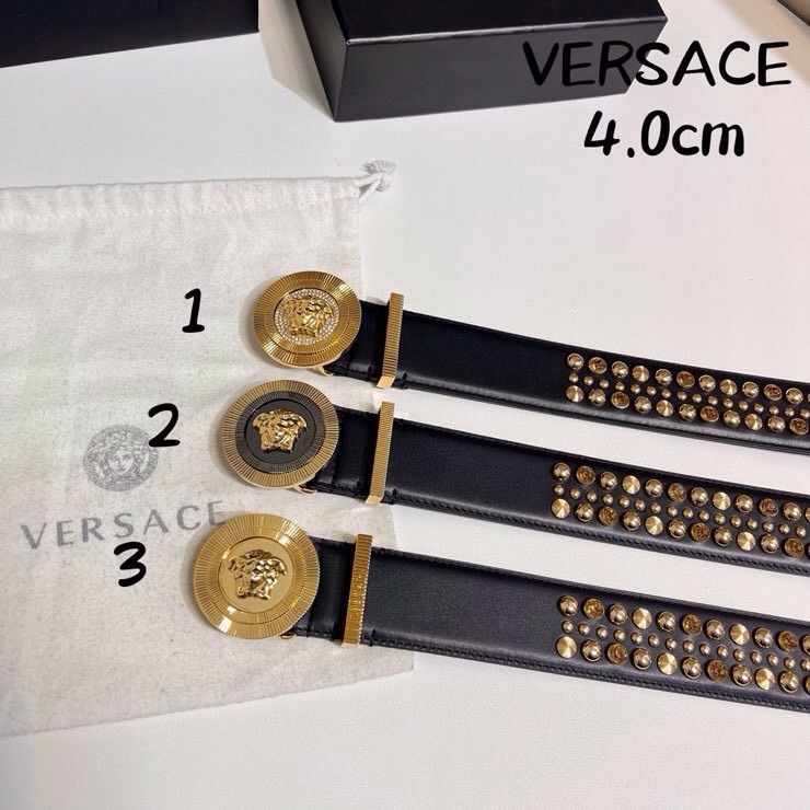 VERSACE 新款 牛皮革腰带，饰有铆钉和水晶装饰，采用Medusa Biggie搭扣和装饰腰带环，4