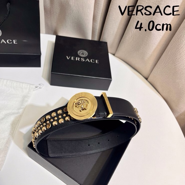 VERSACE 新款 牛皮革腰带，饰有铆钉和水晶装饰，采用Medusa Biggie搭扣和装饰腰带环，4