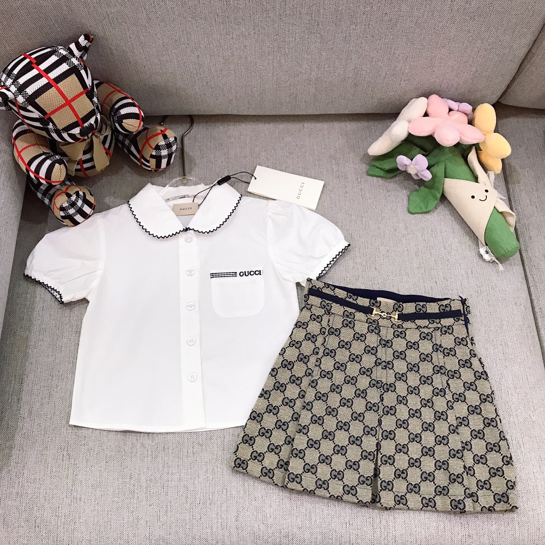Alta costura solo cambio de talla @198 Tallas: 90-150 GUCC* Para niña 【Camisa de cuello solapa bordada + falda vaquera …