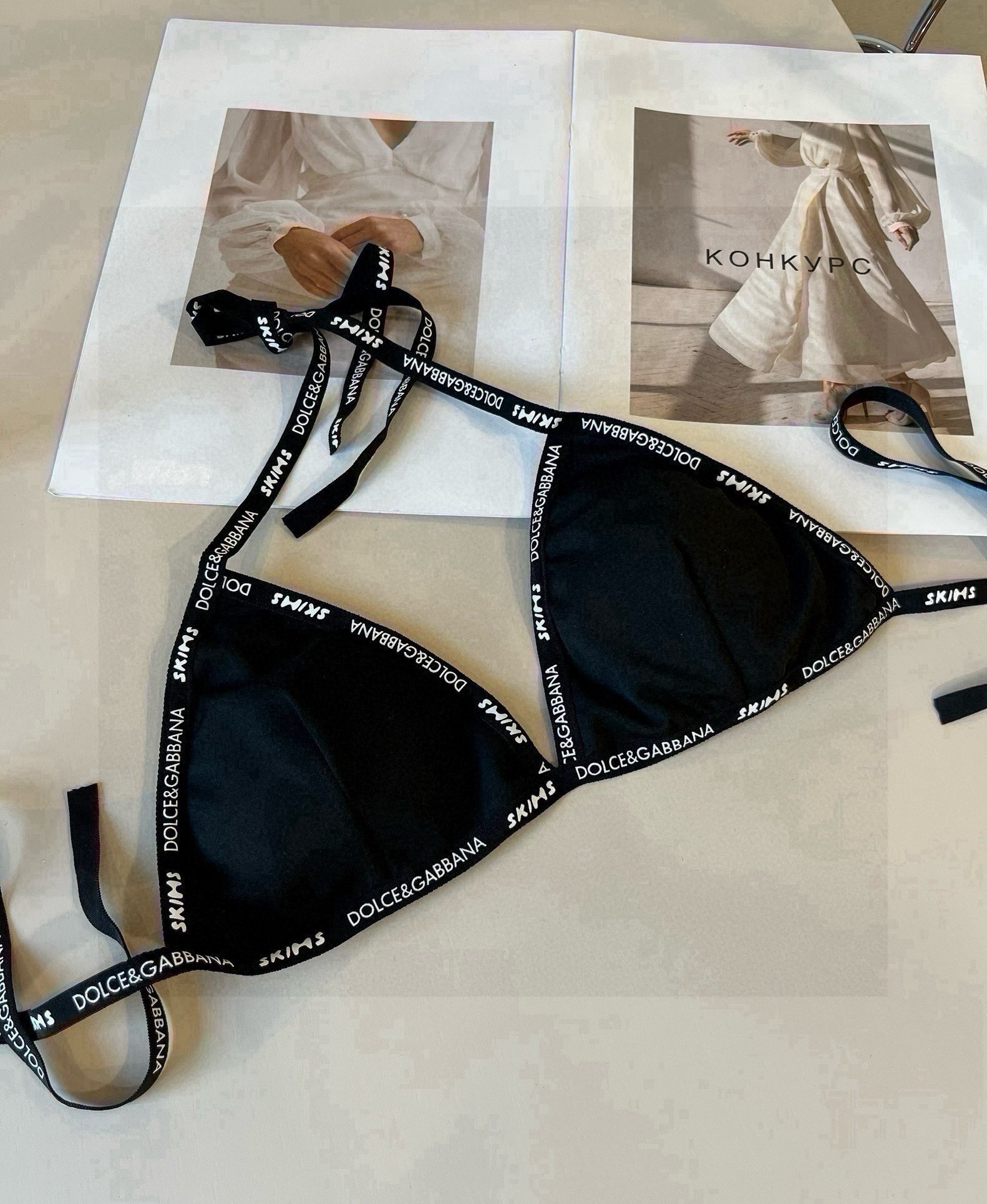 。D&G杜嘉班纳新款织带比基尼分体泳衣套装 黑色白色ＳＭＬ