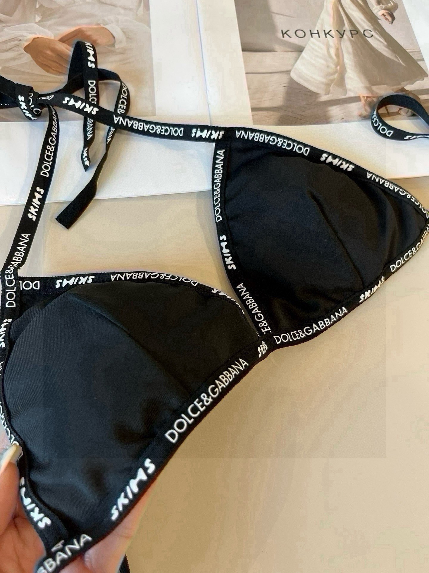 。D&G杜嘉班纳新款织带比基尼分体泳衣套装 黑色白色ＳＭＬ