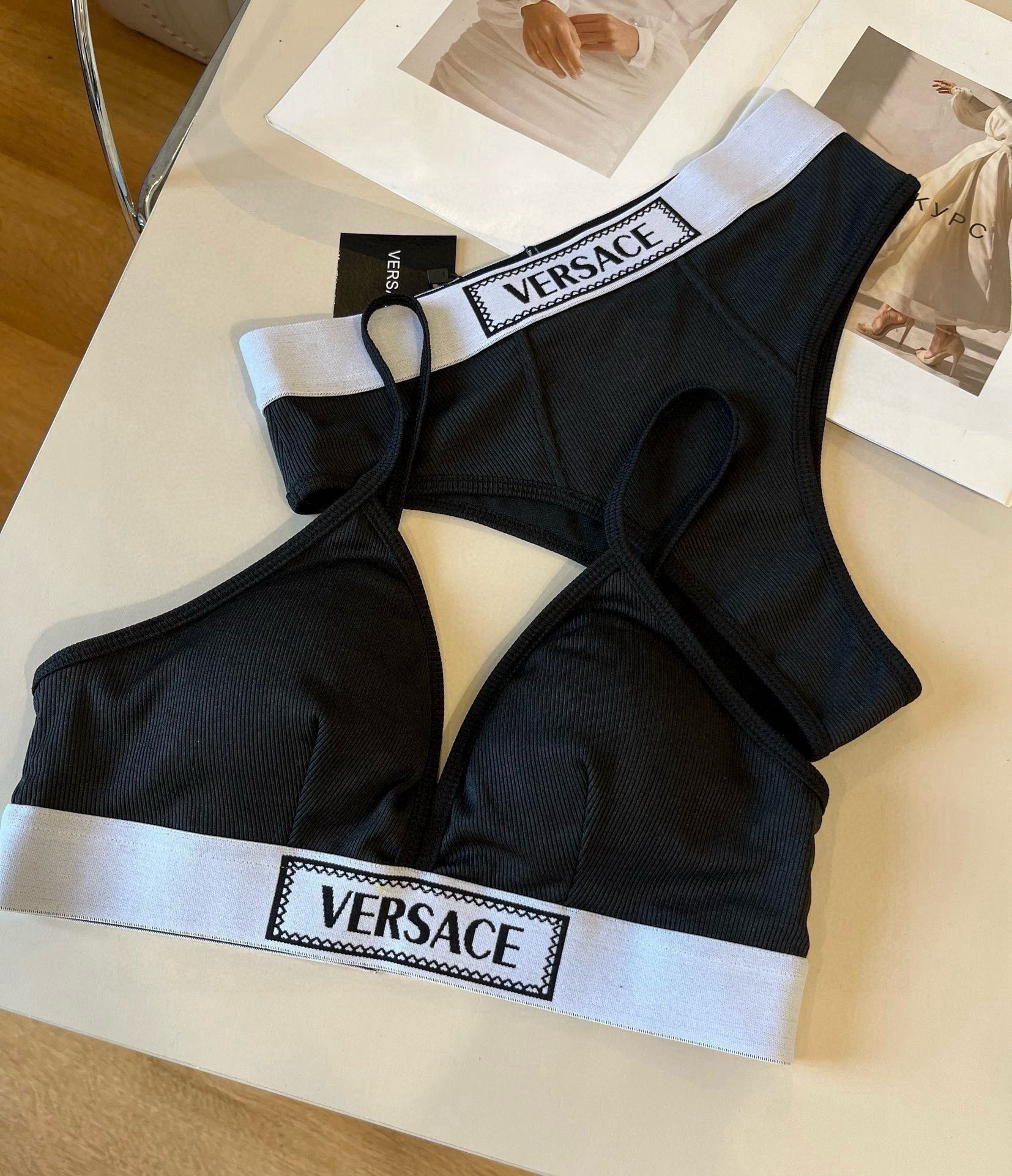 。Versac*范思哲新款织带比基尼分体泳衣套装 黑色白色ＳＭＬ