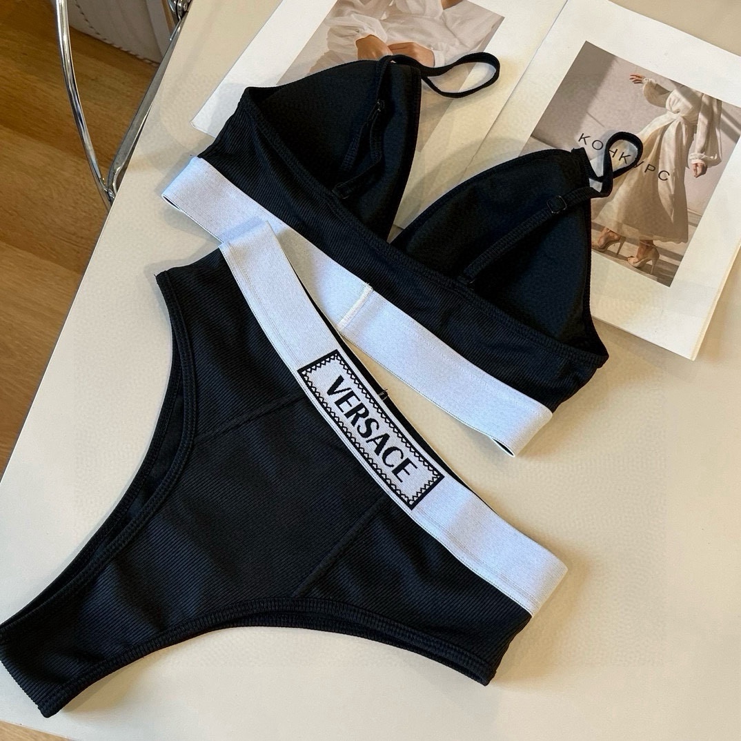 。Versac*范思哲新款织带比基尼分体泳衣套装 黑色白色ＳＭＬ