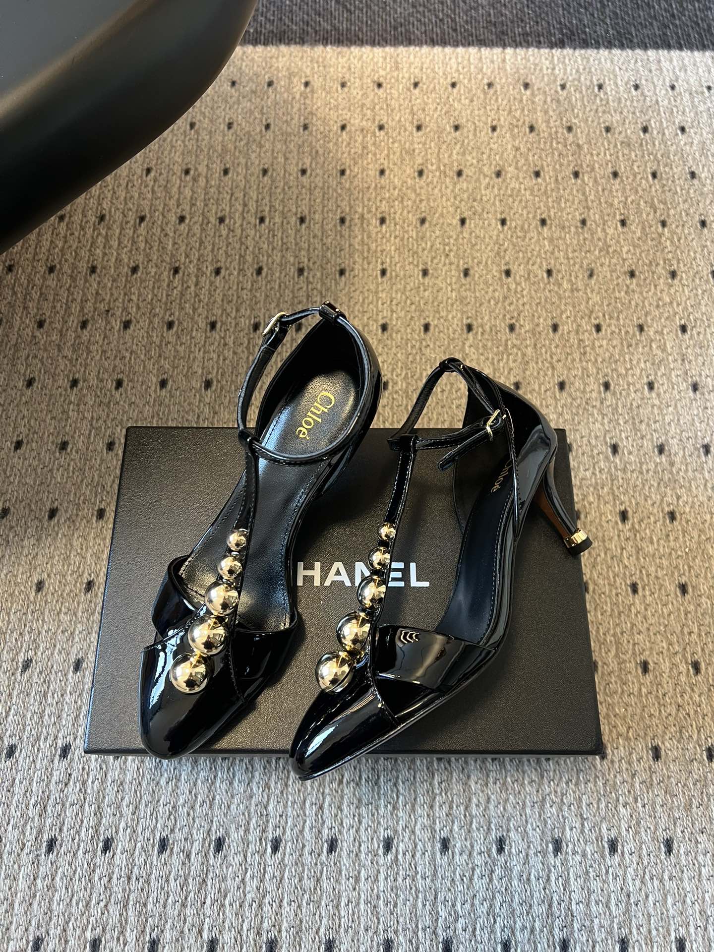 Chloé Patent  T-Strap Ball Detail Slingback Heels 