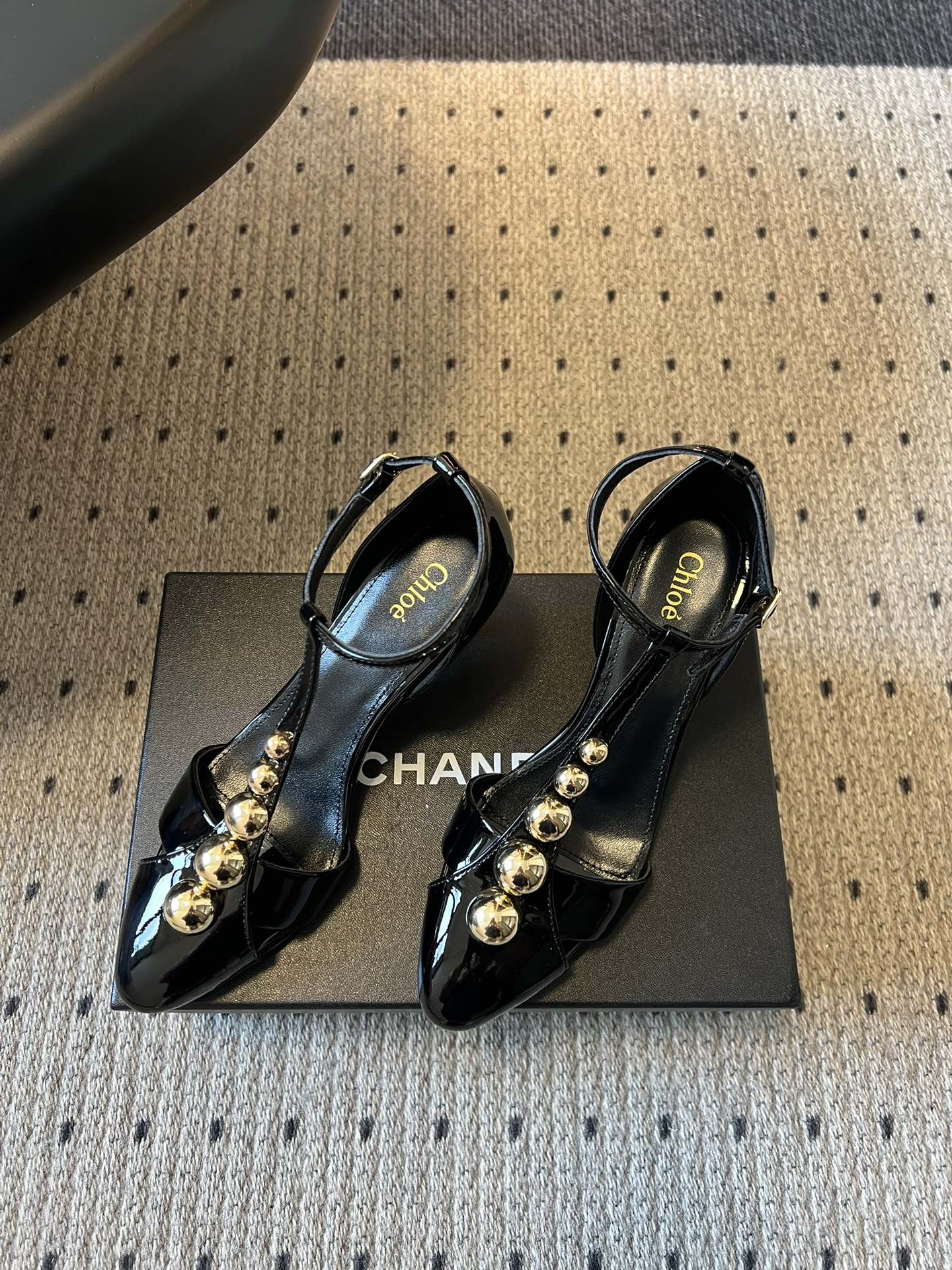 Chloé Patent  T-Strap Ball Detail Slingback Heels 