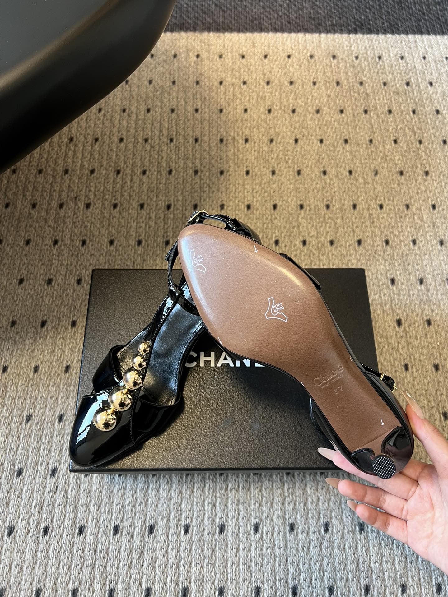 Chloé Patent  T-Strap Ball Detail Slingback Heels 