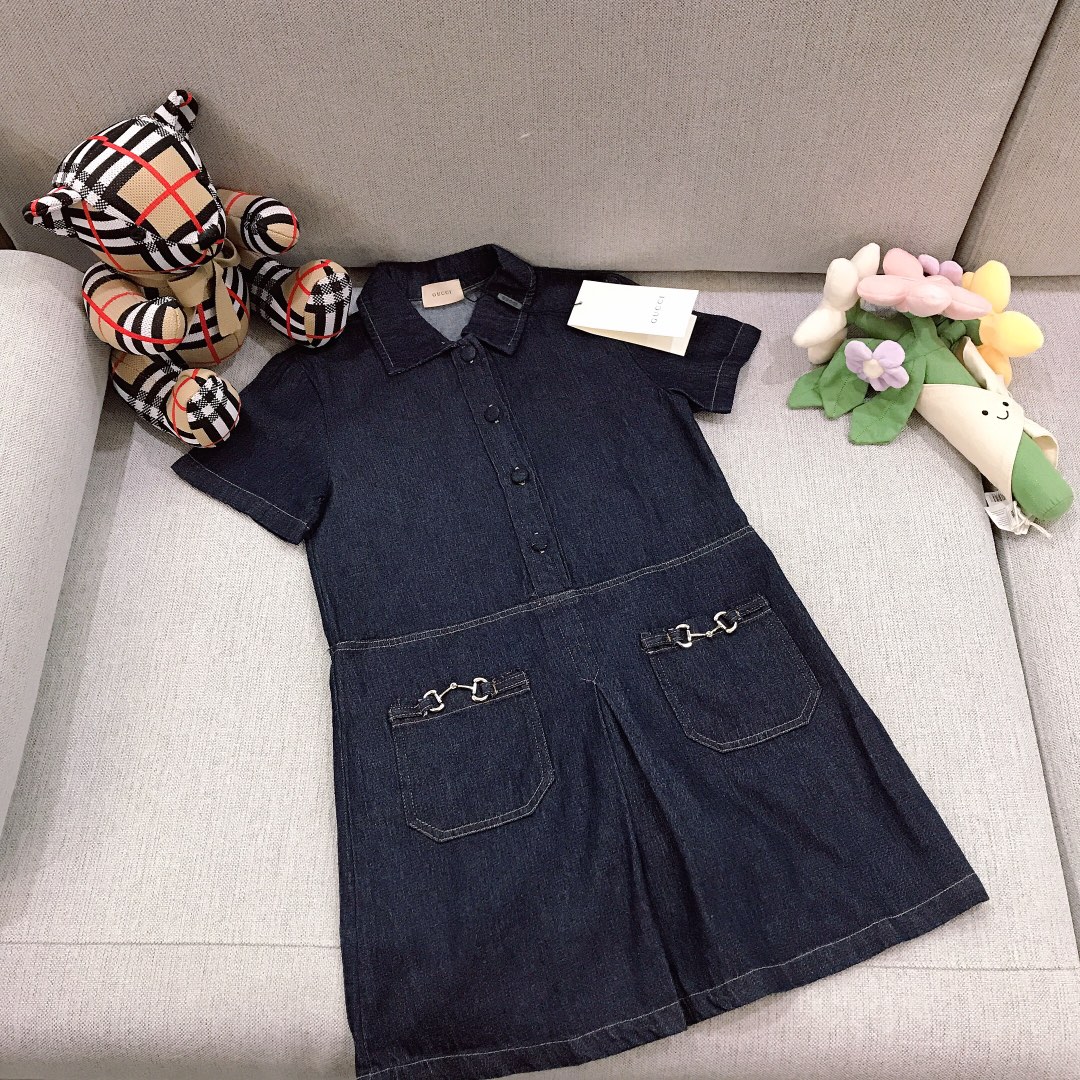 Alta costura solo cambio de talla talla: 100-150 GUCC* cuello pequeño lavado azul marino vaquero vestido 👗 bolsillos d…