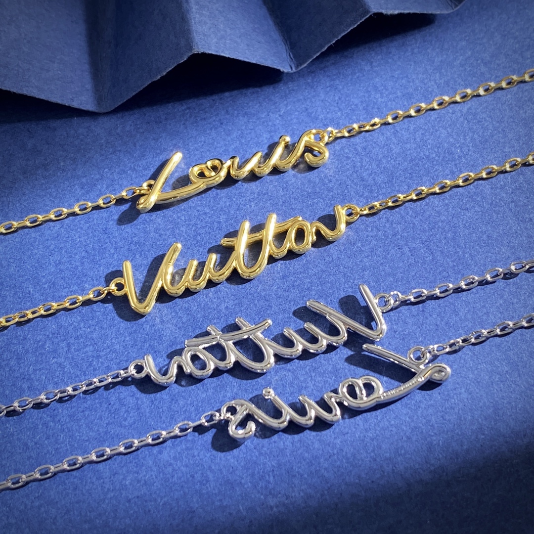 Louis Vuitton LV路易威登百搭简约设计艺术手写字体金属光面镂空字母双层链条项链 黄铜材质 金银2色 重约8.2g
