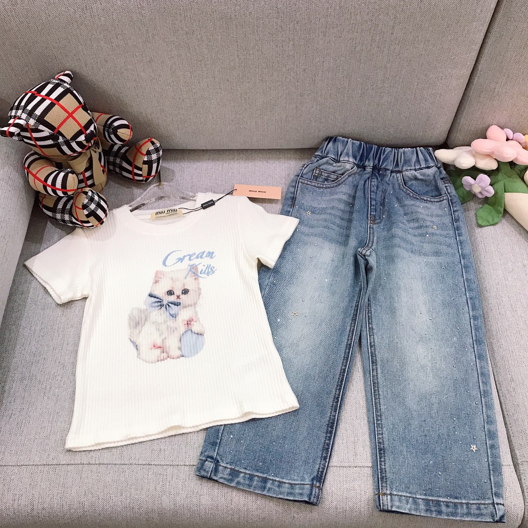 Alta costura solo talla de cambio Tamaño: 110-160 Traje para niñas MIUMIU [Mangas cortas con estampado de gatos➕Pantalo…