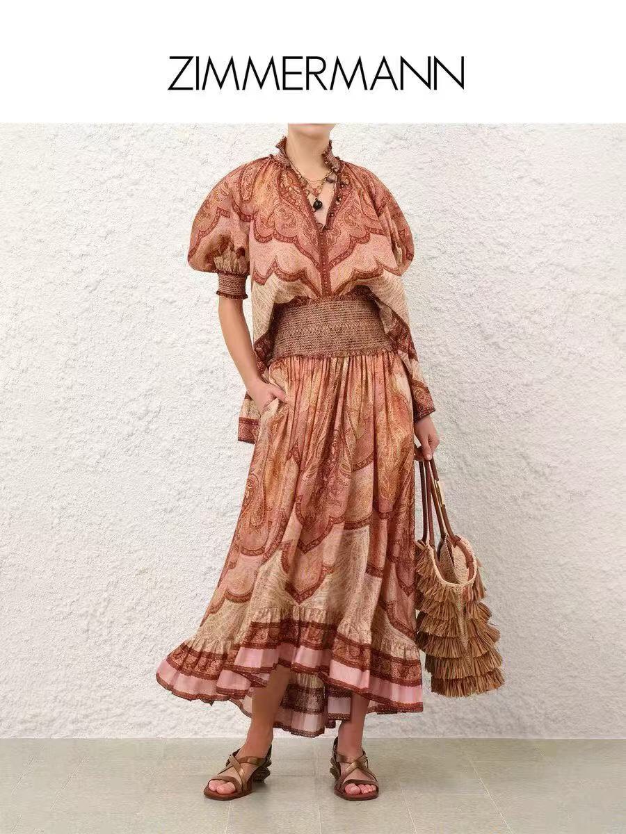 NO:779078,Model No. 20262521 Zimmermann's latest suit, retro pattern print, ruffled high-neck three-quarter short-sleeved shirt doll top + high-waisted slim skirt, burgundy, S-XL, [S size bust 128, sleeve length 48, length 59-70; waist 62 elastic, length 90-100; weight 0.365kg], Zimmermann - clothing, skirts, T-shirt,19860909款号20262521 Zimmermann*新款套装,复古花纹印花 荷叶边高领五分短袖衬衣娃娃上衣+高腰显瘦半裙,酒红色,S-XL,【S码胸围128,袖长48,长59-70；腰围62弹力,长90-100；重量0.365kg】,兹默曼-服装,skirts,T-shirt,,Women's clothing