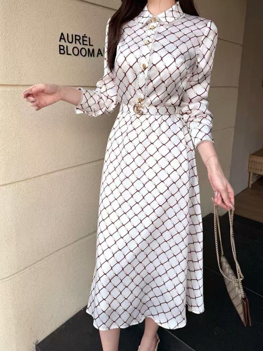 NO:781168,Model No. 20262723 Gucc* new GG button plaid printed waist long-sleeved shirt dress, with belt, off-white, SML, [M size shoulder width 38, bust 96, waist 80, sleeve length 59, length 115; weight 0.355Kg], Gucci-clothing, gucci, gucci, skirts, shirts,19860909款号20262723 Gucc*新款 GG纽扣格子印花收腰长袖衬衫连衣裙,配腰带,米白色,SML,【M码肩宽38,胸围96,腰围80,袖长59,长115；重量0.355Kg】,古驰-服装,gucci,gucci,skirts,shirts,,Women's clothing