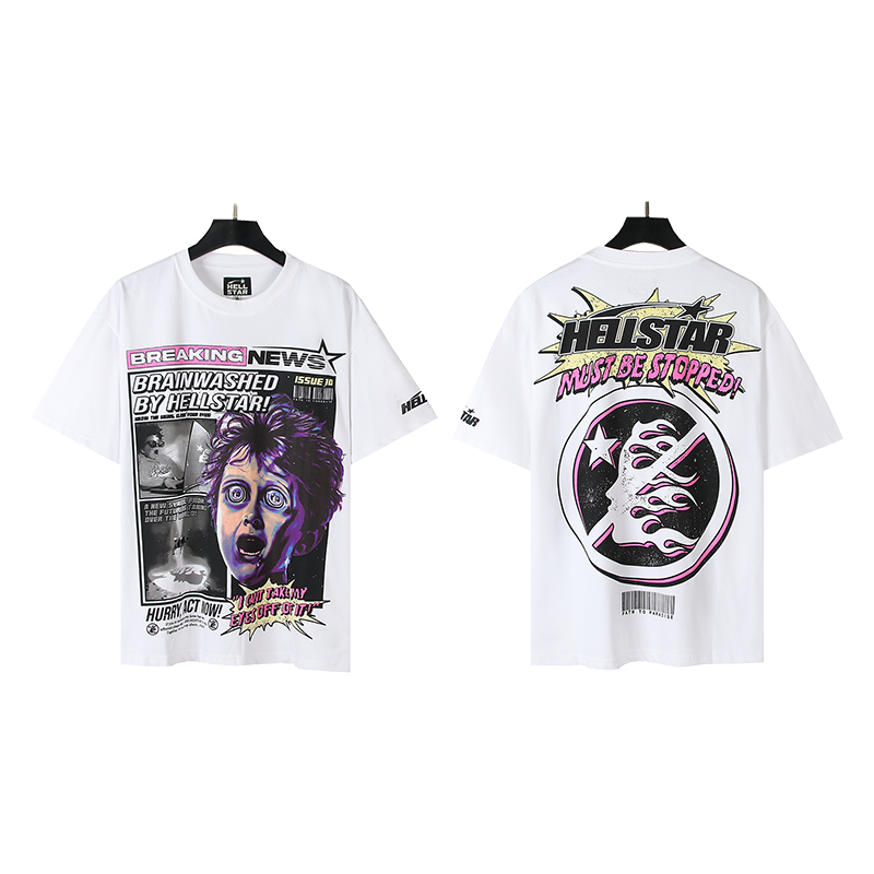 517# Foto real Hellstar camiseta de manga corta holgada de algodón puro estilo urbano americano deportivo, te…