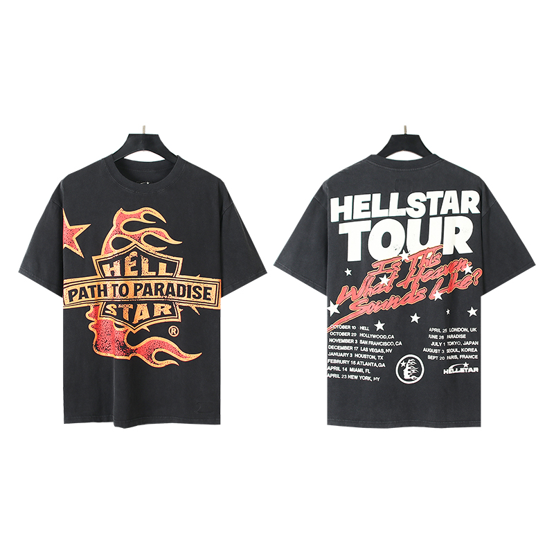 600# Foto real Hellstar camiseta de manga corta con estampado lavado viaje alrededor del mundo, tela: 250g 32…