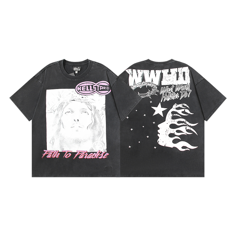 #632 Lavado negro, foto real, Hellstar camiseta de manga corta con estampado lavado, tela: 250g, 32 hilos, al…