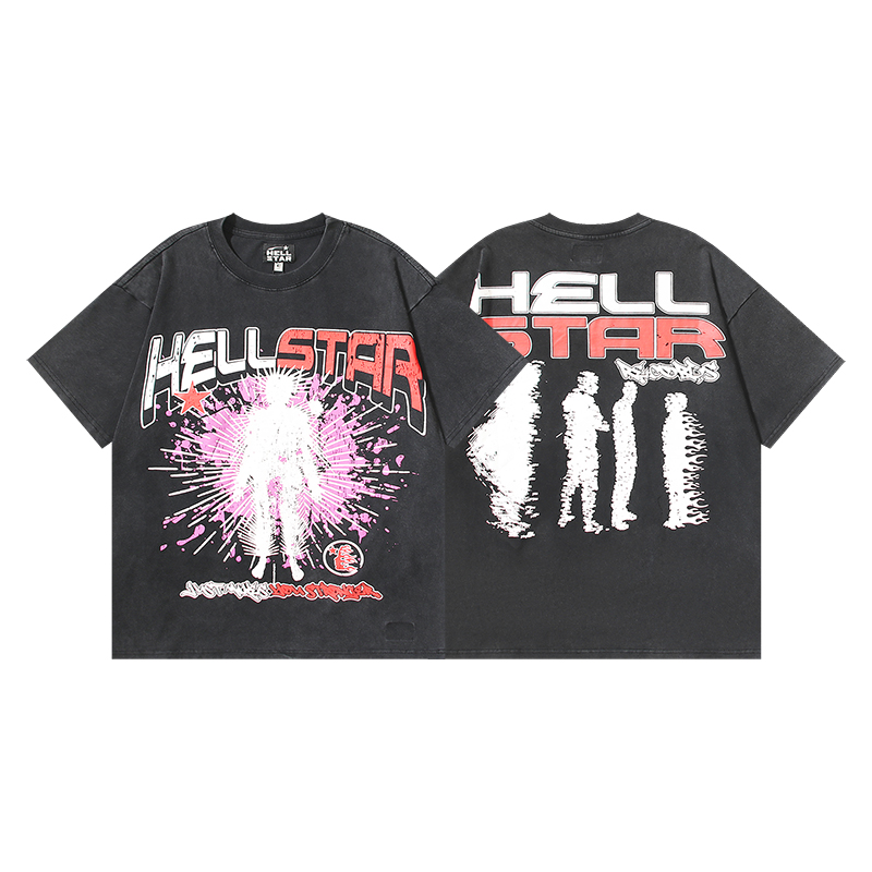 627# Negro lavado, foto real, camiseta de manga corta Hellstar con estampado lavado. Tejido: 250 g, 32 cabos, algodón p…