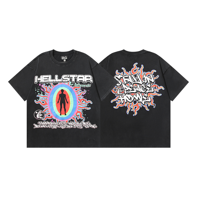626# Foto real Hellstar lavado y estampado camiseta de manga corta Tejido: 250g 32s algodón peinado doble hil…