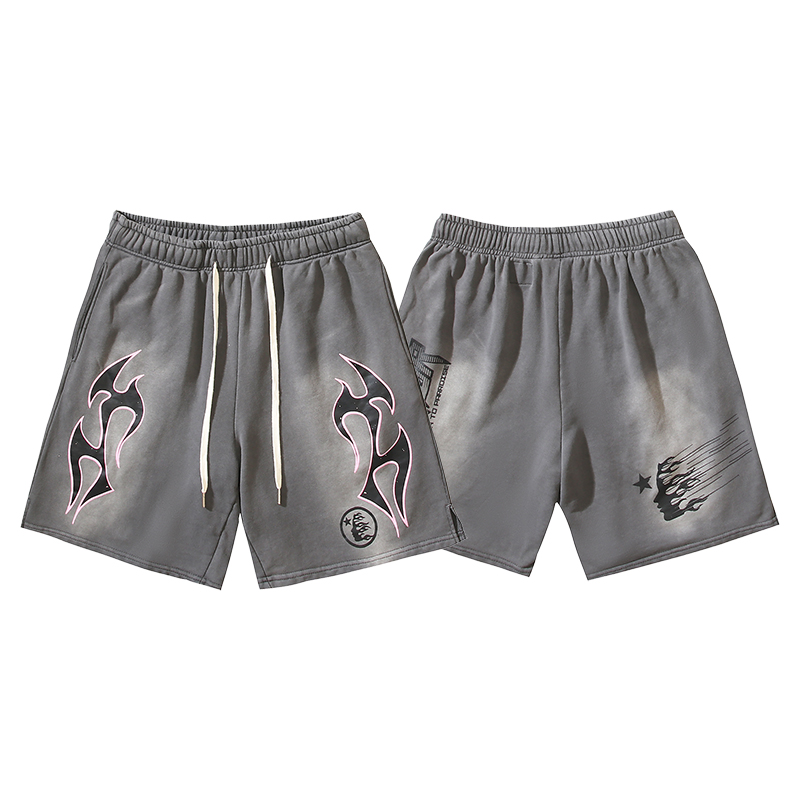 703# Gris lavado Foto real Hellstar Estrella del Infierno pantalones cortos casuales lavados y desgastados Te…