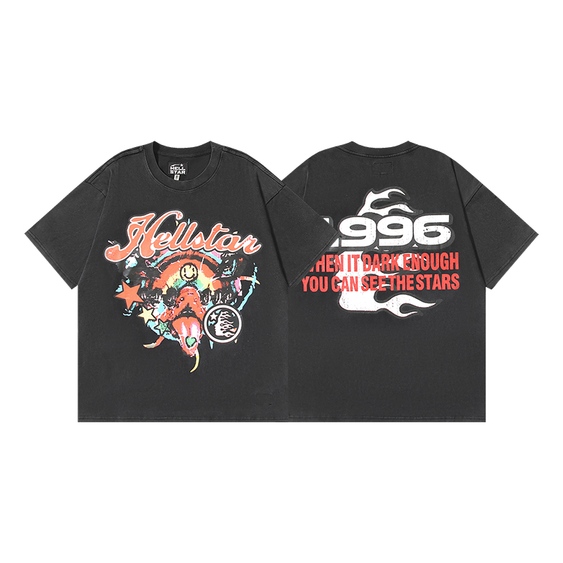 #628 Lavado negro, foto real, Hellstar camiseta de manga corta con estampado lavado, tela: 250g, 32 hilos, algodón pein…