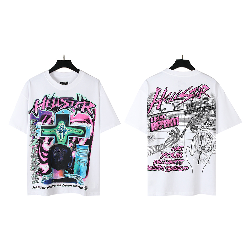 516# Foto real Hellstar estrella del infierno camiseta de manga corta holgada de estilo urbano americano de alta gama. …